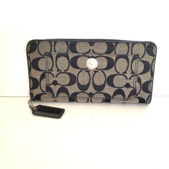 Coach Black Gray Legacy Wallet Zip Around Canvas Leather Classic Signature Retro - Picture 1 of 10
